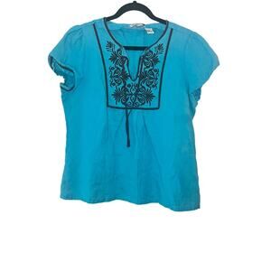 Alexandra Bartlett blue embroidered short sleeve 100% linen blouse XL